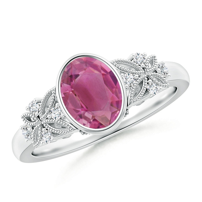 8x6mm AAA Vintage Style Oval Pink Tourmaline Ring with Diamonds in White Gold