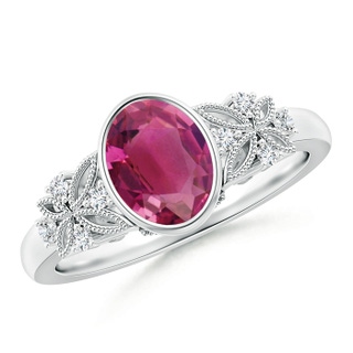 8x6mm AAAA Vintage Style Oval Pink Tourmaline Ring with Diamonds in P950 Platinum