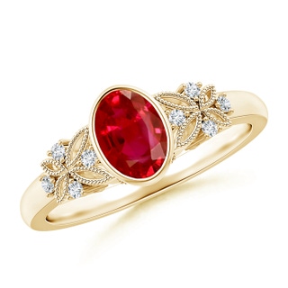7x5mm AAA Vintage Style Oval Ruby Ring with Diamonds in 9K Yellow Gold