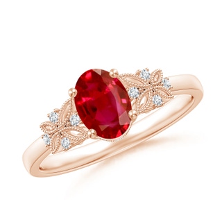 7x5mm AAA Vintage Style Oval Ruby Ring with Diamonds in Rose Gold