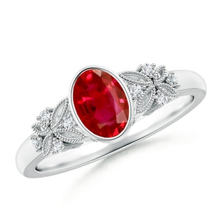 7x5mm AAA Vintage Style Oval Ruby Ring with Diamonds in White Gold
