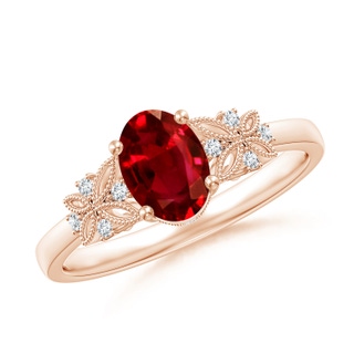 7x5mm AAAA Vintage Style Oval Ruby Ring with Diamonds in Rose Gold