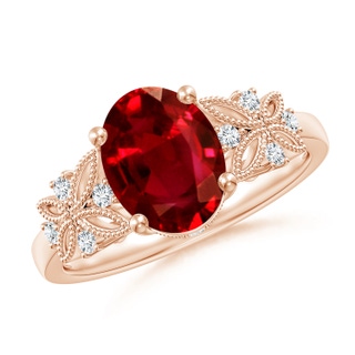 9x7mm AAAA Vintage Style Oval Ruby Ring with Diamonds in Rose Gold