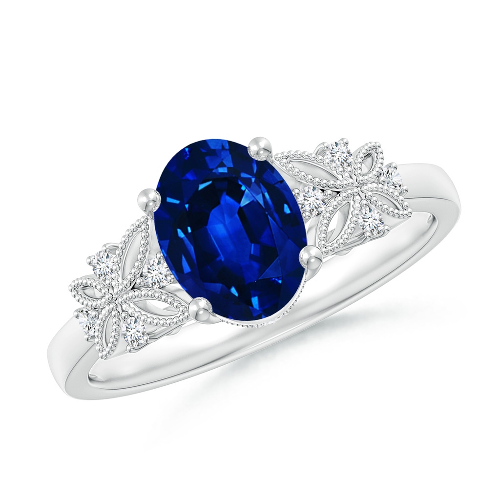 8x6mm Lab-Grown Vintage Style Oval Sapphire Ring with Diamonds in White Gold