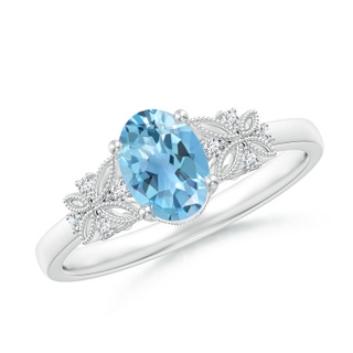 7x5mm A Vintage Style Oval Swiss Blue Topaz Ring with Diamonds in 10K White Gold
