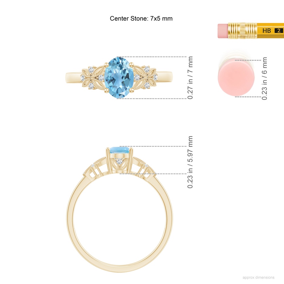 7x5mm A Vintage Style Oval Swiss Blue Topaz Ring with Diamonds in Yellow Gold ruler