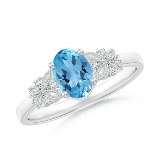 7x5mm AA Vintage Style Oval Swiss Blue Topaz Ring with Diamonds in 10K White Gold