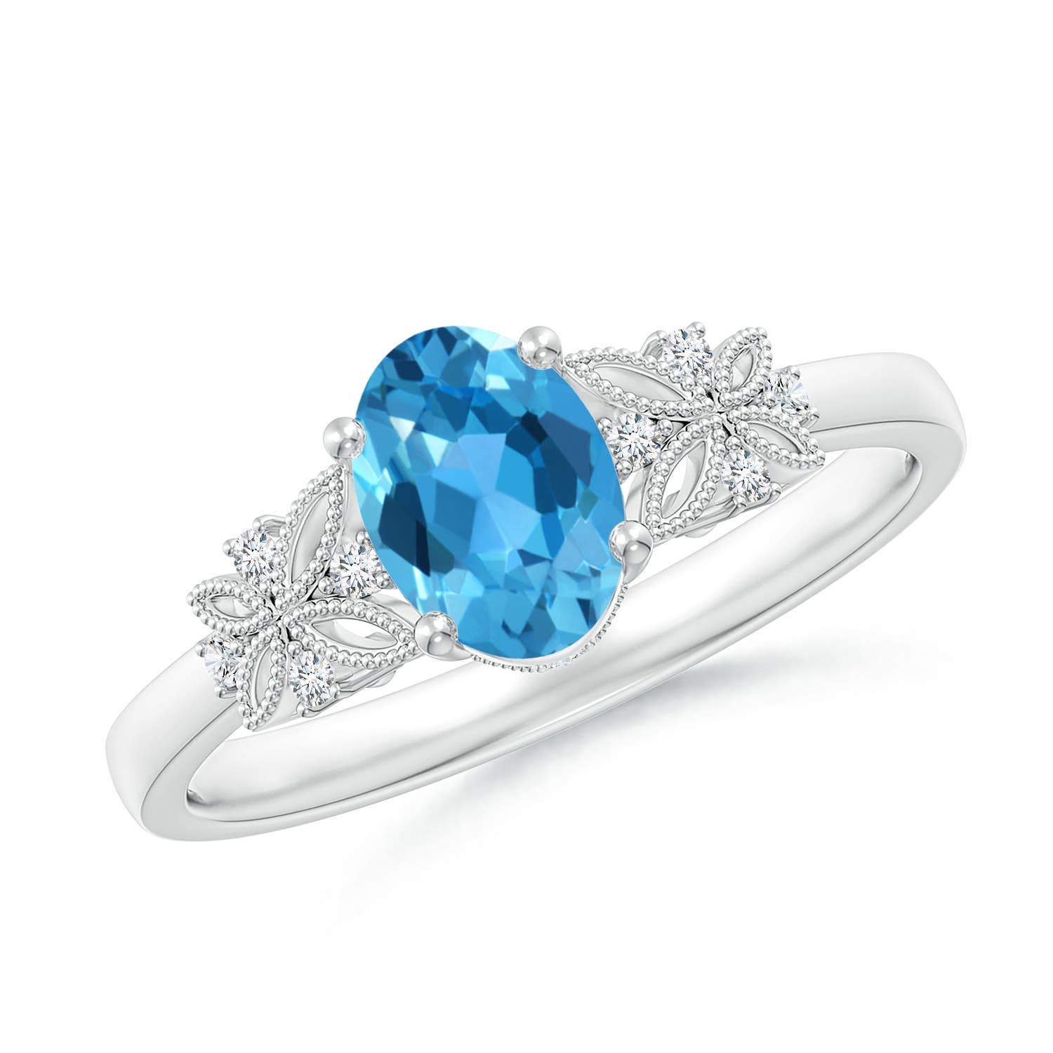 7x5mm AAA Vintage Style Oval Swiss Blue Topaz Ring with Diamonds in P950 Platinum