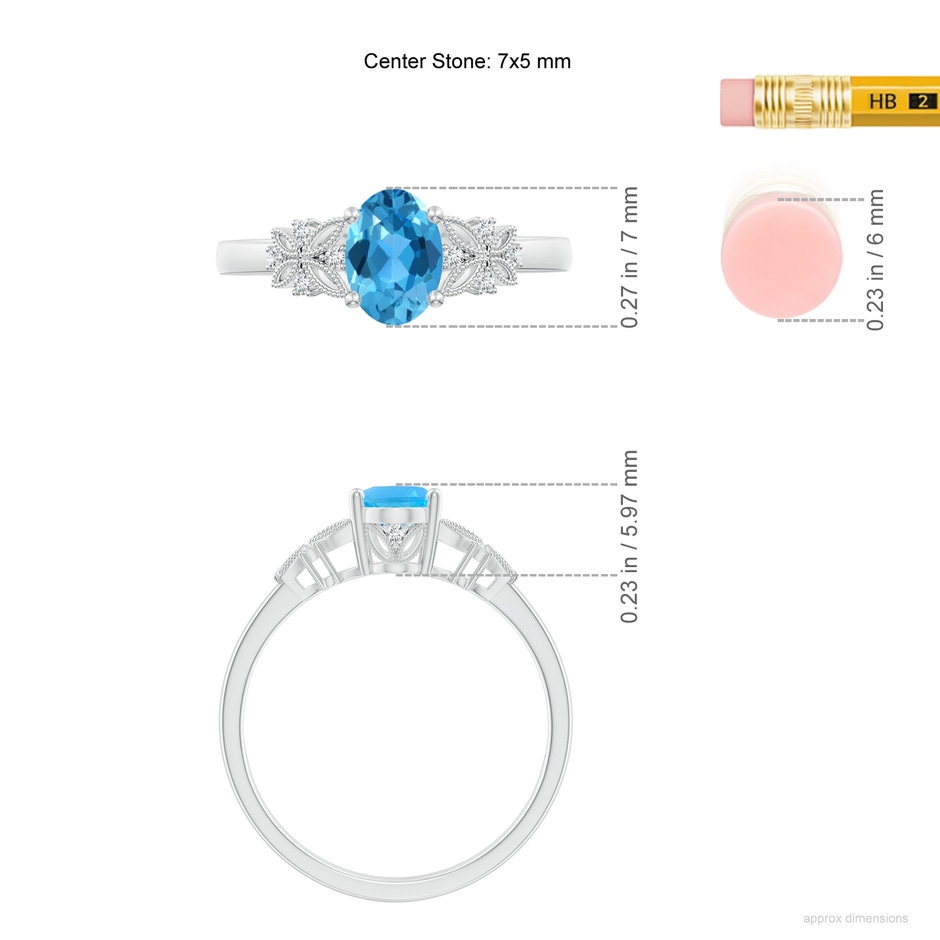 7x5mm AAA Vintage Style Oval Swiss Blue Topaz Ring with Diamonds in P950 Platinum ruler