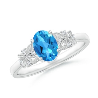 7x5mm AAAA Vintage Style Oval Swiss Blue Topaz Ring with Diamonds in 10K White Gold