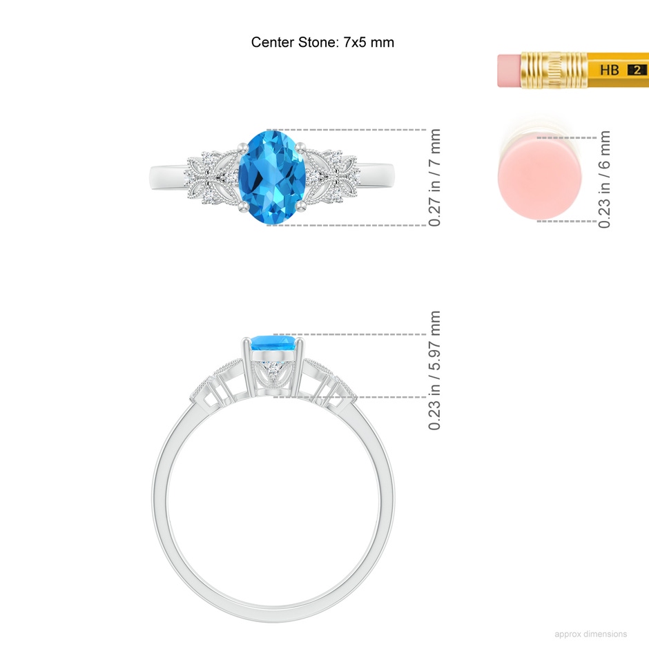 7x5mm AAAA Vintage Style Oval Swiss Blue Topaz Ring with Diamonds in P950 Platinum ruler