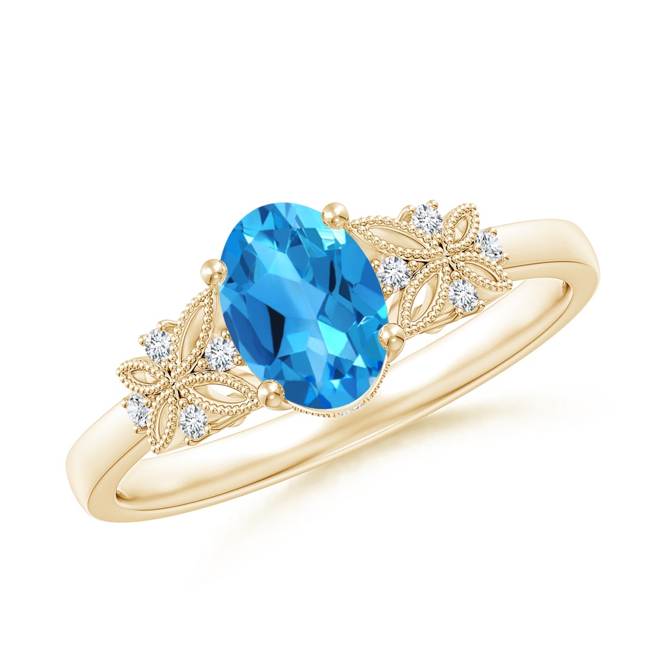 7x5mm AAAA Vintage Style Oval Swiss Blue Topaz Ring with Diamonds in Yellow Gold 
