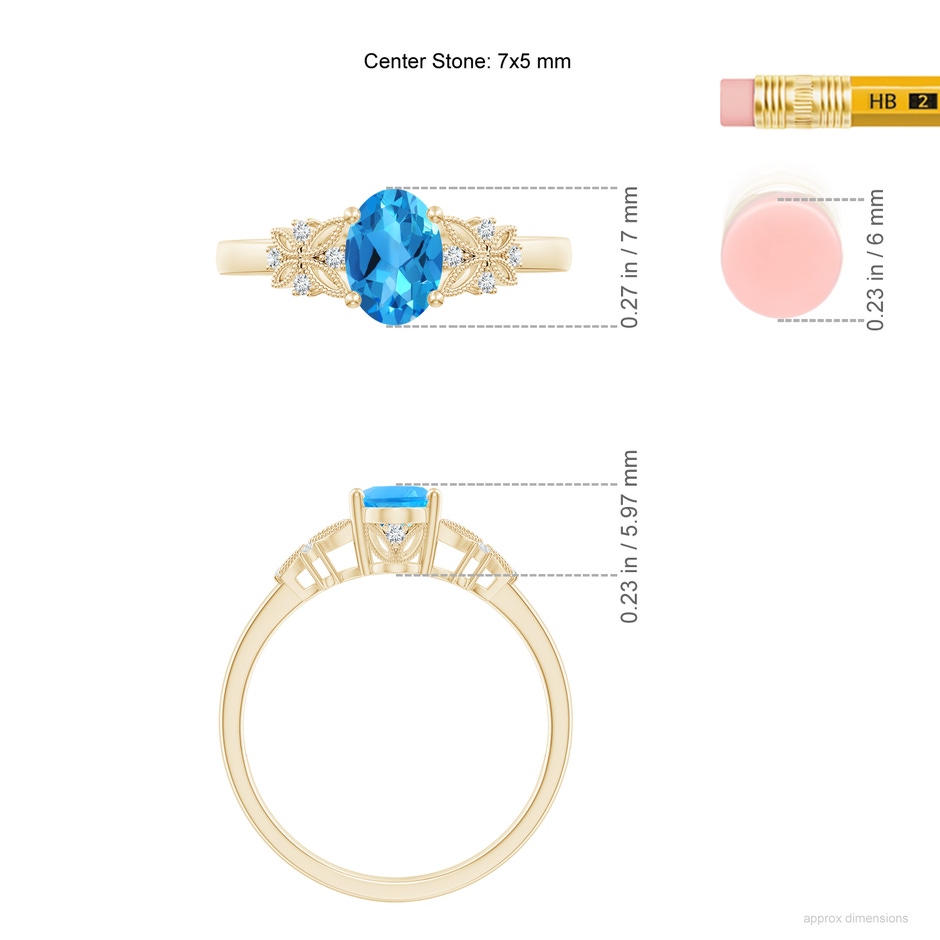 7x5mm AAAA Vintage Style Oval Swiss Blue Topaz Ring with Diamonds in Yellow Gold ruler