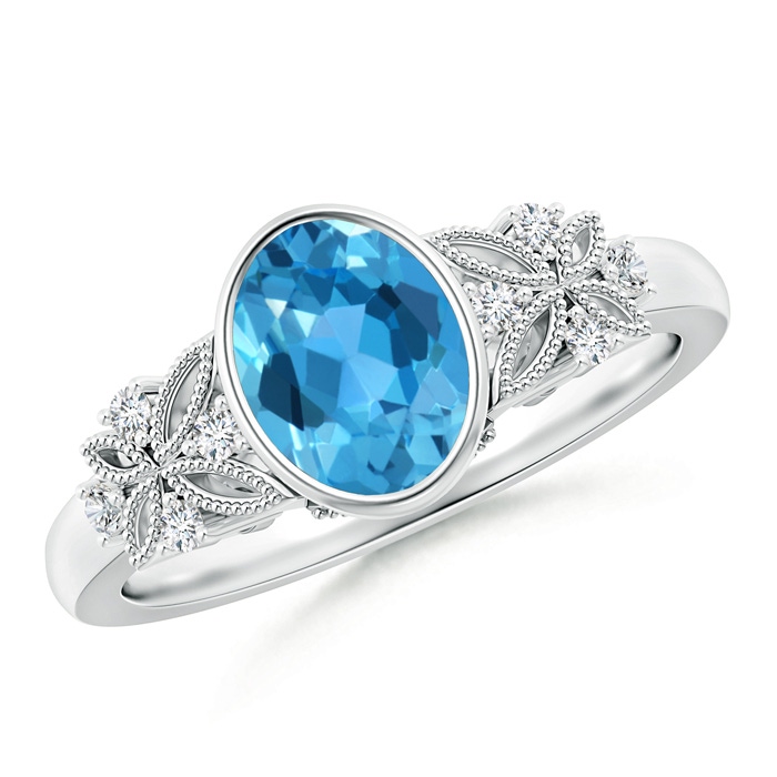 8x6mm AAA Vintage Style Oval Swiss Blue Topaz Ring with Diamonds in White Gold