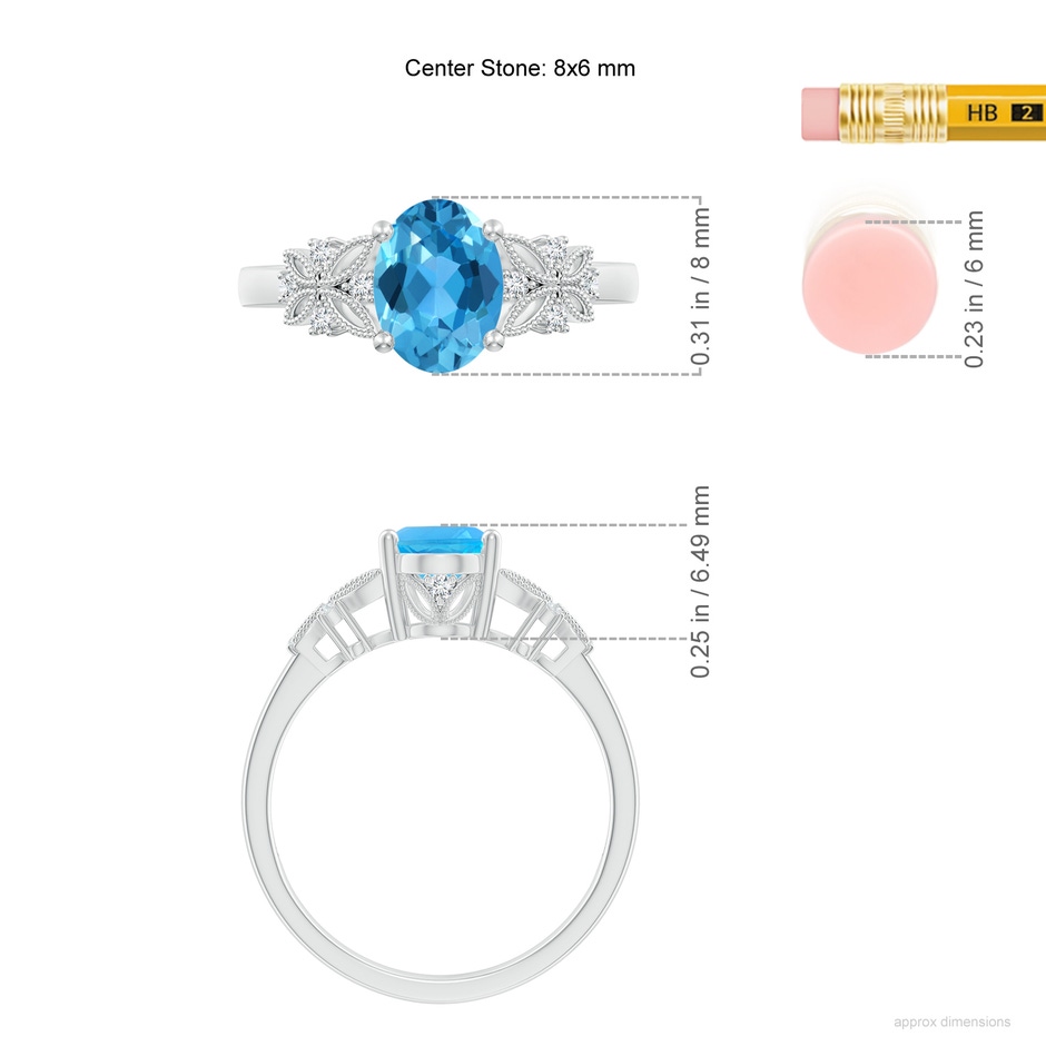 8x6mm AAA Vintage Style Oval Swiss Blue Topaz Ring with Diamonds in White Gold ruler