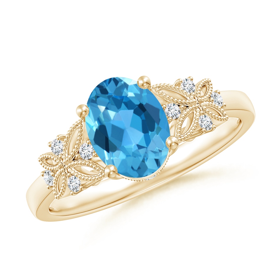 8x6mm AAA Vintage Style Oval Swiss Blue Topaz Ring with Diamonds in Yellow Gold 