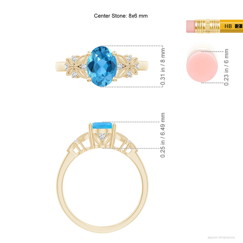 8x6mm AAA Vintage Style Oval Swiss Blue Topaz Ring with Diamonds in Yellow Gold ruler