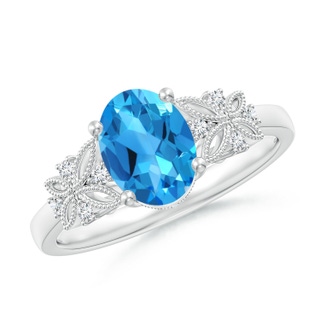 8x6mm AAAA Vintage Style Oval Swiss Blue Topaz Ring with Diamonds in P950 Platinum