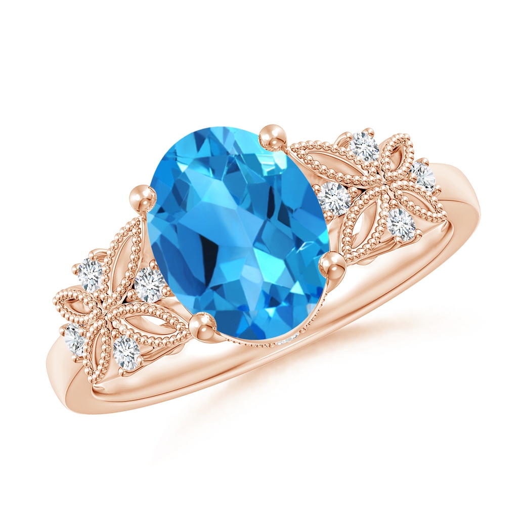9x7mm AAAA Vintage Style Oval Swiss Blue Topaz Ring with Diamonds in 10K Rose Gold