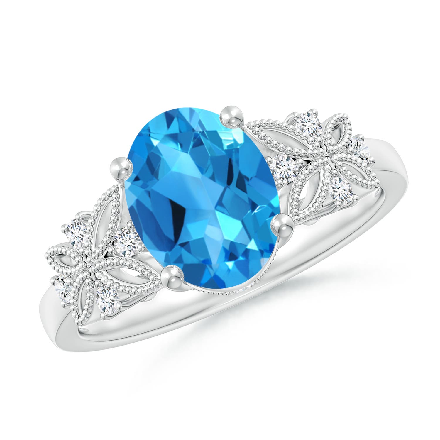 9x7mm AAAA Vintage Style Oval Swiss Blue Topaz Ring with Diamonds in 18K White Gold