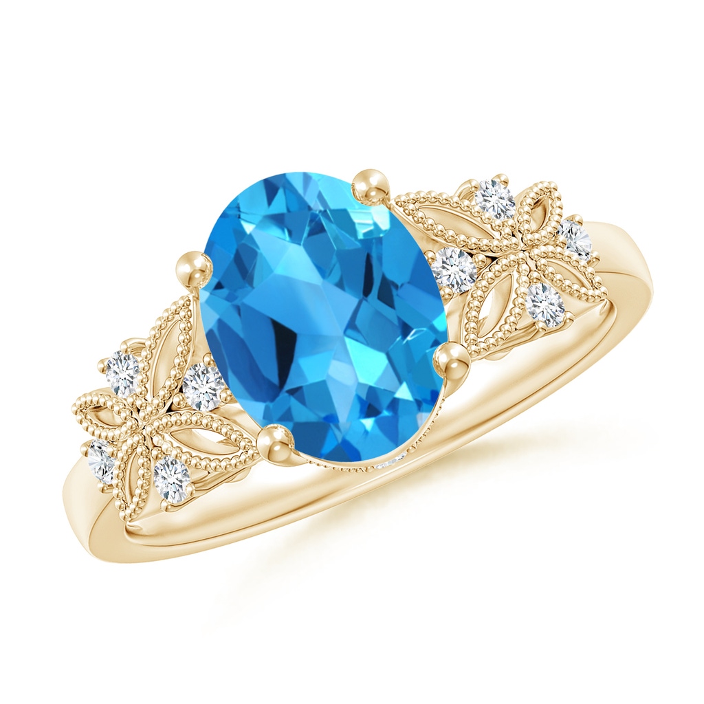 9x7mm AAAA Vintage Style Oval Swiss Blue Topaz Ring with Diamonds in 18K Yellow Gold