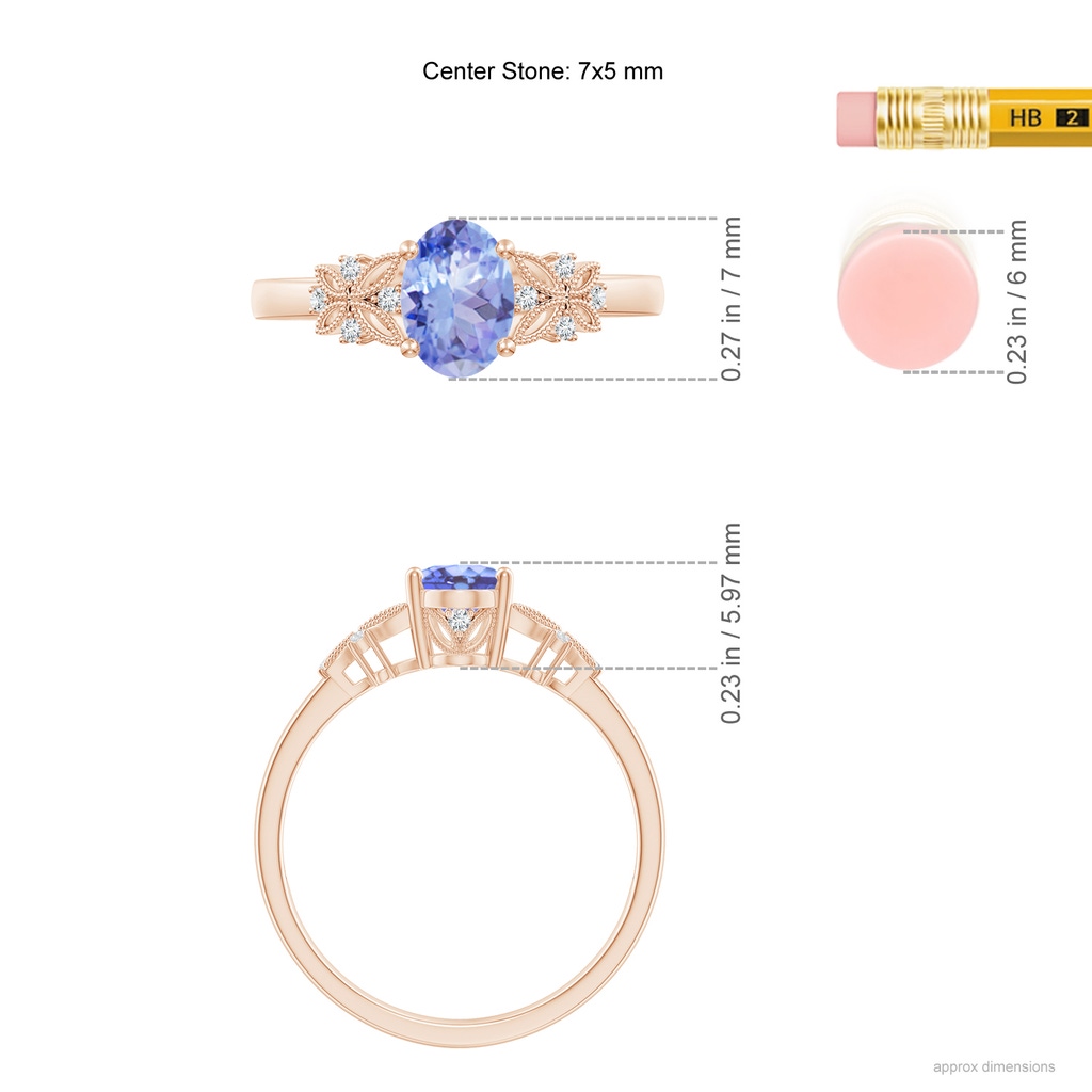 7x5mm A Vintage Style Oval Tanzanite Ring with Diamonds in 9K Rose Gold Ruler