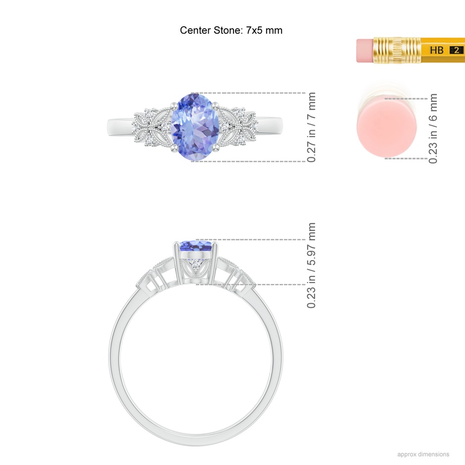 7x5mm A Vintage Style Oval Tanzanite Ring with Diamonds in 9K White Gold ruler