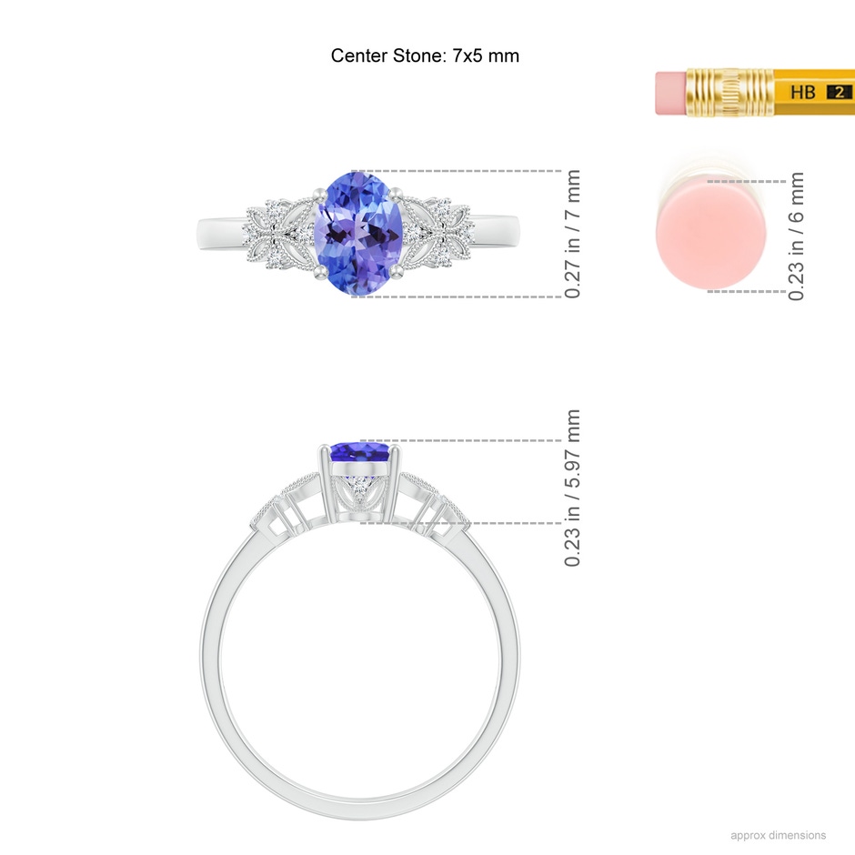 7x5mm AA Vintage Style Oval Tanzanite Ring with Diamonds in White Gold ruler