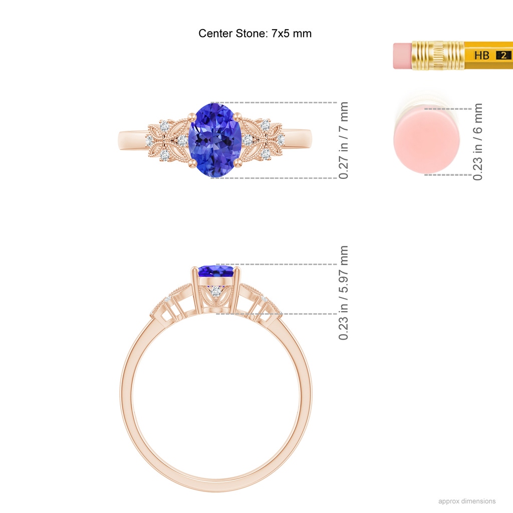 7x5mm AAA Vintage Style Oval Tanzanite Ring with Diamonds in 9K Rose Gold Ruler