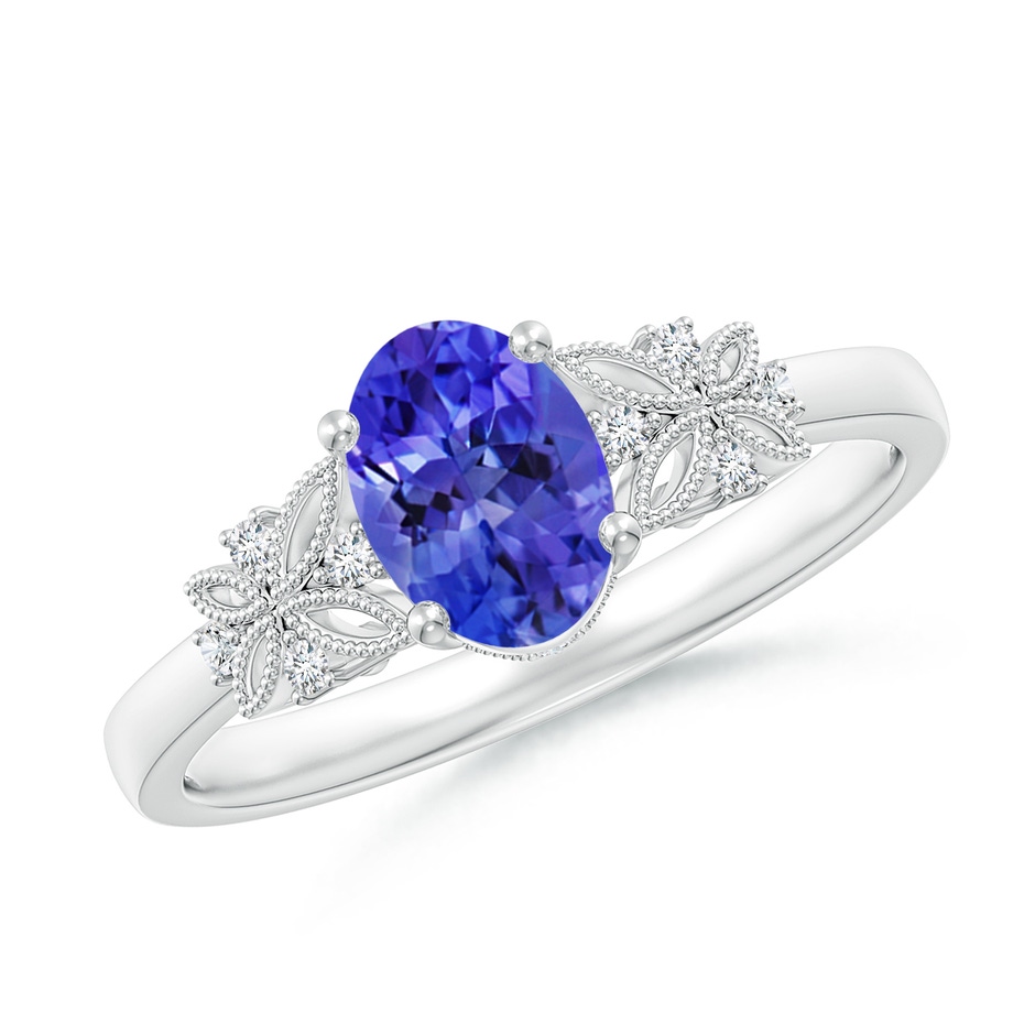 7x5mm AAA Vintage Style Oval Tanzanite Ring with Diamonds in 9K White Gold 