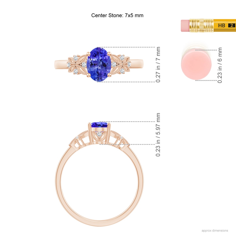 7x5mm AAA Vintage Style Oval Tanzanite Ring with Diamonds in Rose Gold ruler