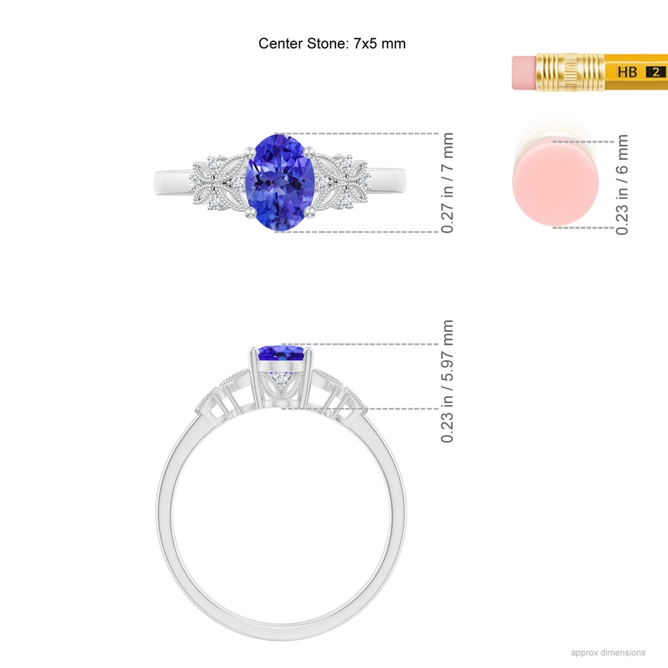 7x5mm AAA Vintage Style Oval Tanzanite Ring with Diamonds in White Gold ruler