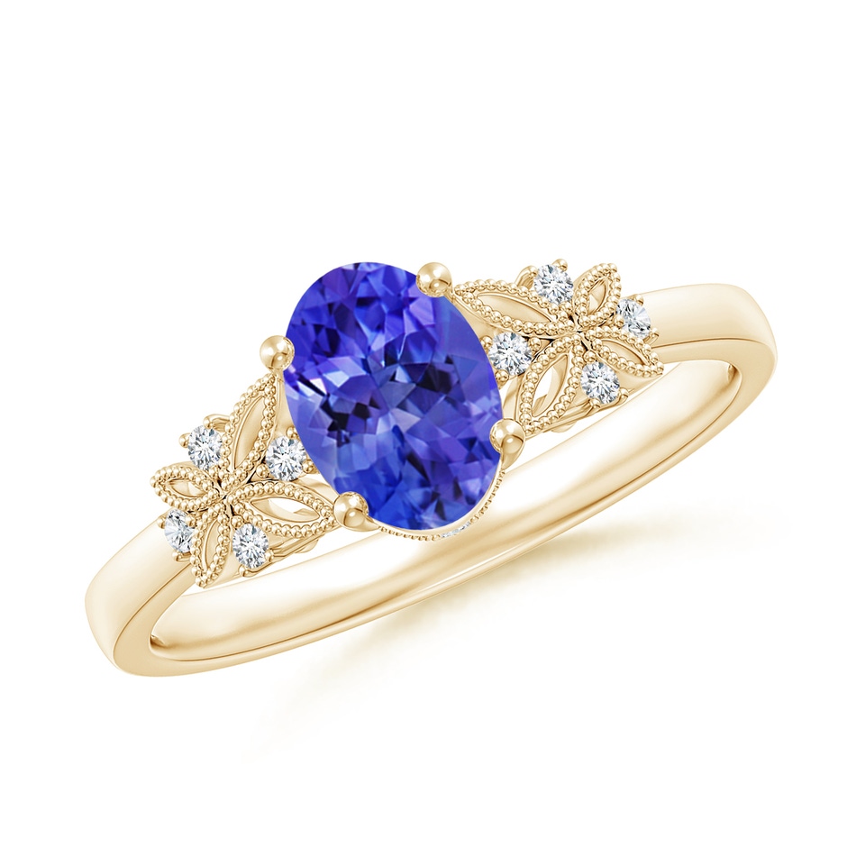 7x5mm AAA Vintage Style Oval Tanzanite Ring with Diamonds in Yellow Gold 