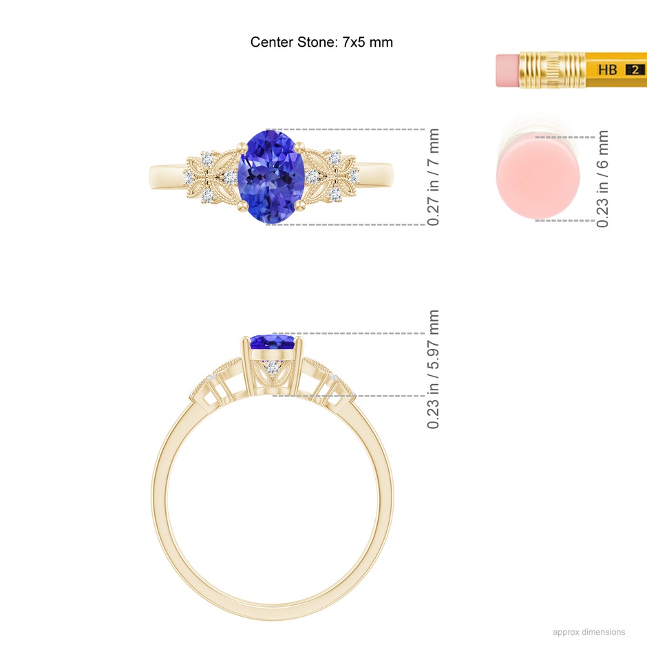 7x5mm AAA Vintage Style Oval Tanzanite Ring with Diamonds in Yellow Gold ruler