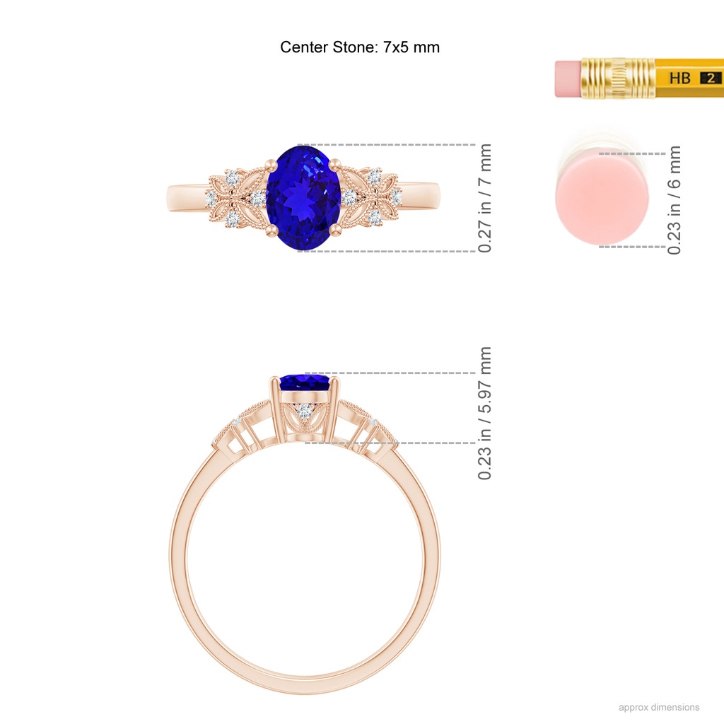 7x5mm AAAA Vintage Style Oval Tanzanite Ring with Diamonds in Rose Gold Ruler