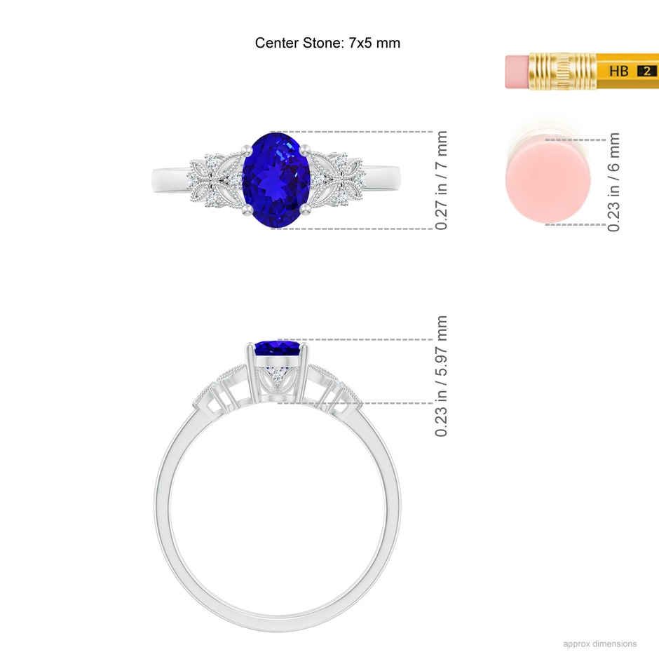 7x5mm AAAA Vintage Style Oval Tanzanite Ring with Diamonds in White Gold ruler