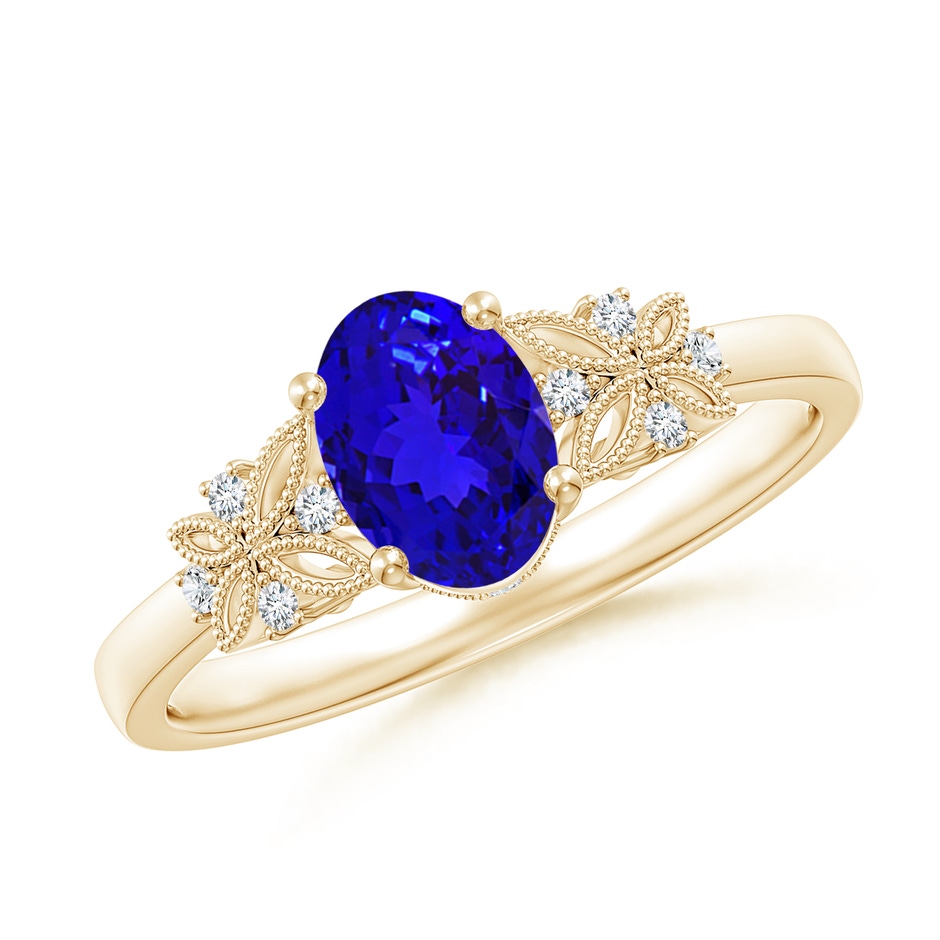 7x5mm AAAA Vintage Style Oval Tanzanite Ring with Diamonds in Yellow Gold 