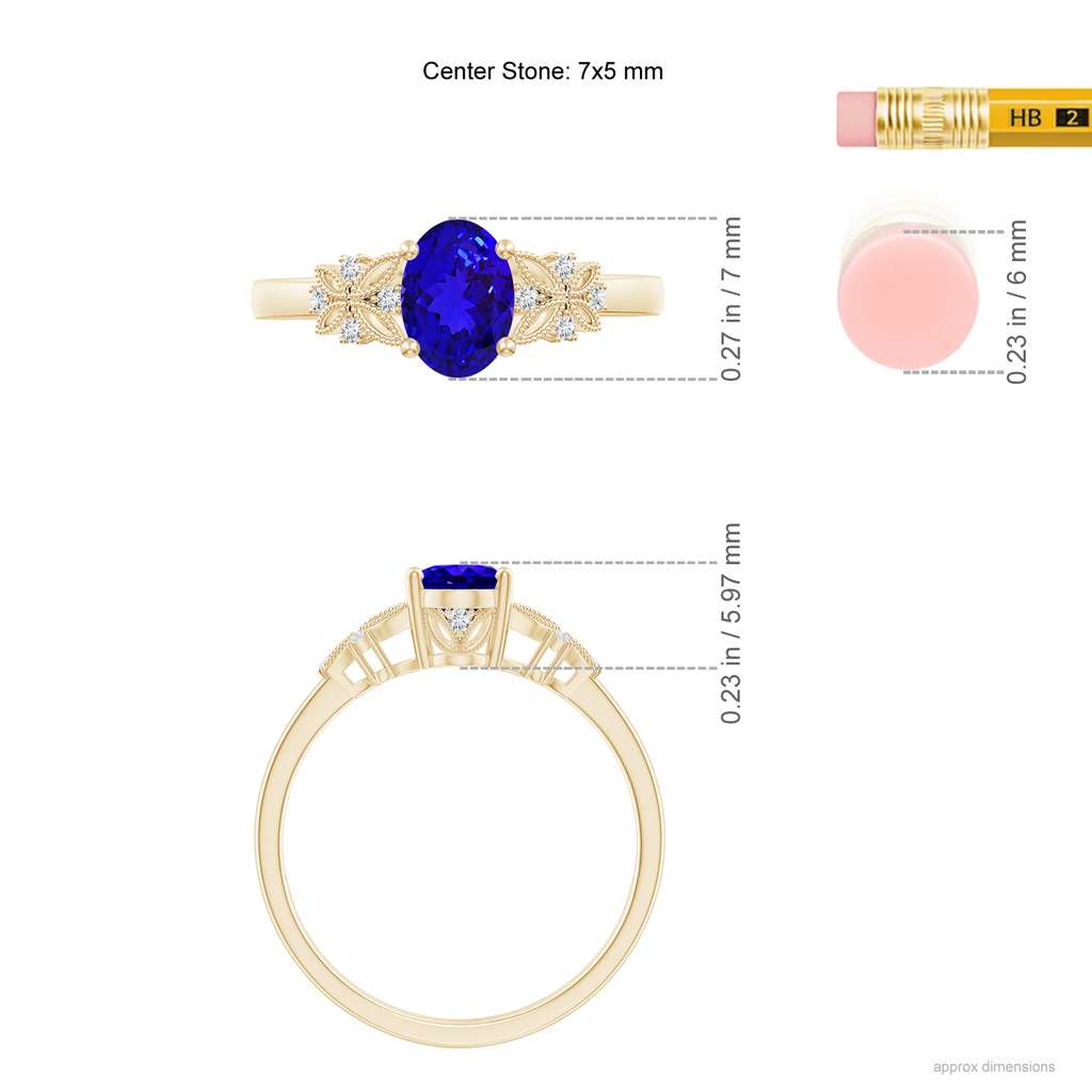 7x5mm AAAA Vintage Style Oval Tanzanite Ring with Diamonds in Yellow Gold Ruler