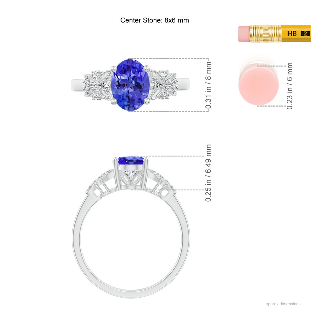 8x6mm AAA Vintage Style Oval Tanzanite Ring with Diamonds in White Gold Ruler