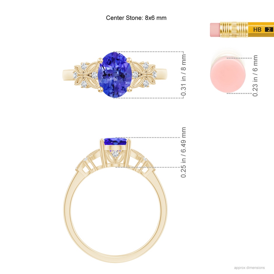 8x6mm AAA Vintage Style Oval Tanzanite Ring with Diamonds in Yellow Gold ruler