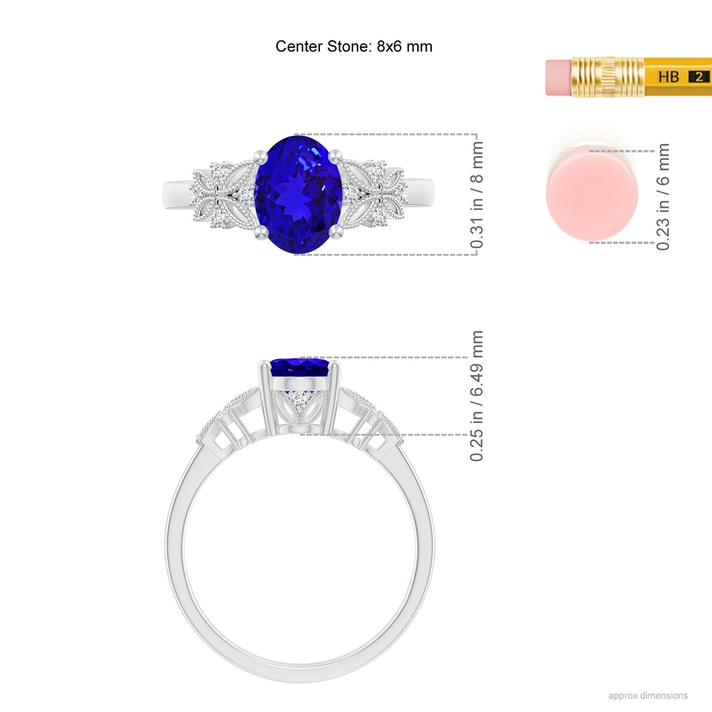 8x6mm AAAA Vintage Style Oval Tanzanite Ring with Diamonds in White Gold Ruler