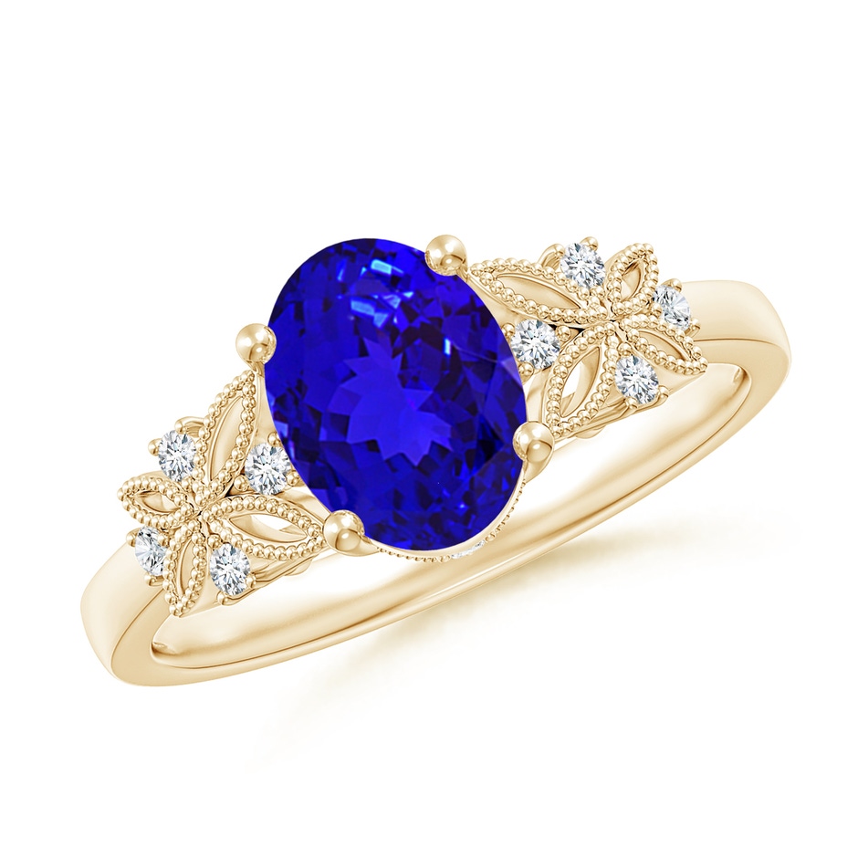 8x6mm AAAA Vintage Style Oval Tanzanite Ring with Diamonds in Yellow Gold 