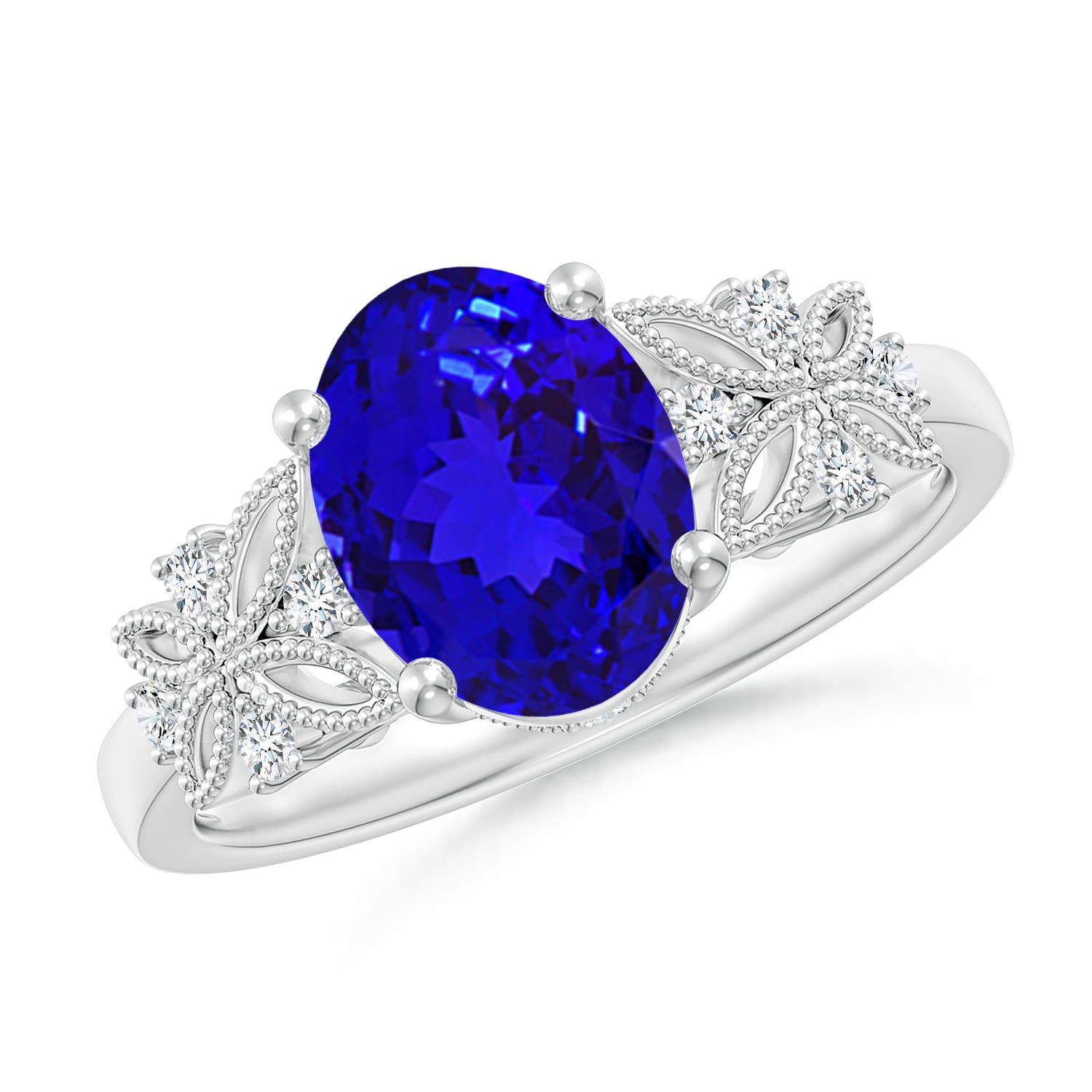 9x7mm AAAA Vintage Style Oval Tanzanite Ring with Diamonds in P950 Platinum