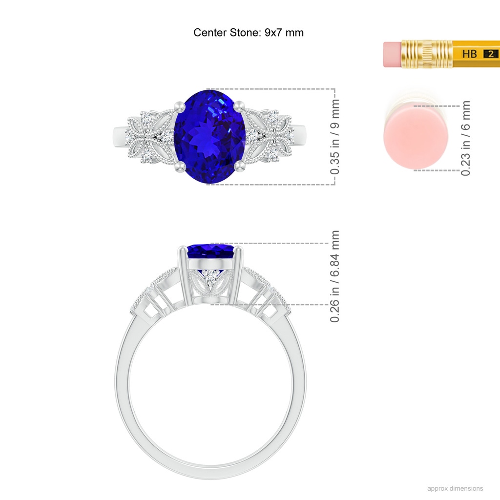 9x7mm AAAA Vintage Style Oval Tanzanite Ring with Diamonds in White Gold Ruler