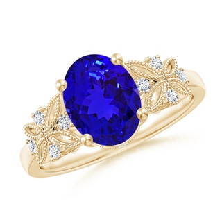 9x7mm AAAA Vintage Style Oval Tanzanite Ring with Diamonds in Yellow Gold