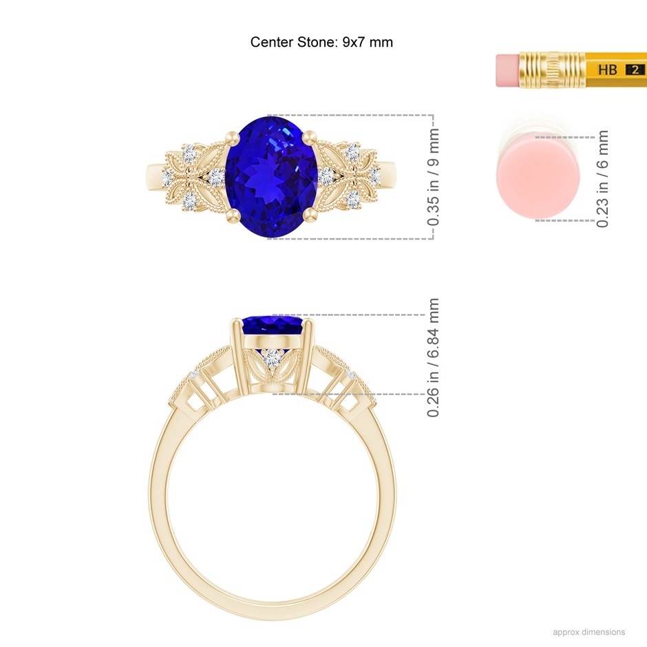 9x7mm AAAA Vintage Style Oval Tanzanite Ring with Diamonds in Yellow Gold ruler