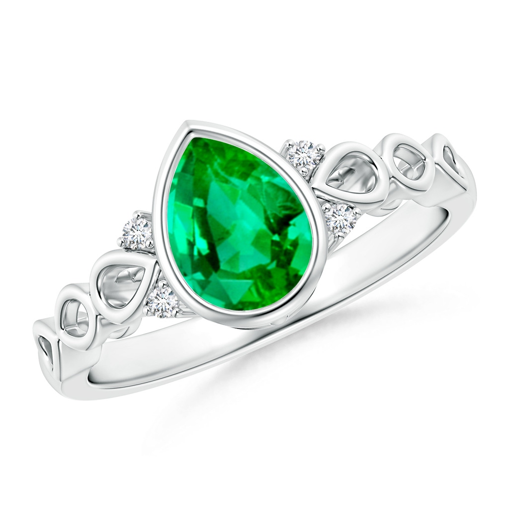 8x6mm AAA Bezel Set Vintage Pear Emerald Ring with Diamond Accents in White Gold