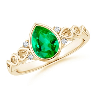 8x6mm AAA Bezel Set Vintage Pear Emerald Ring with Diamond Accents in Yellow Gold
