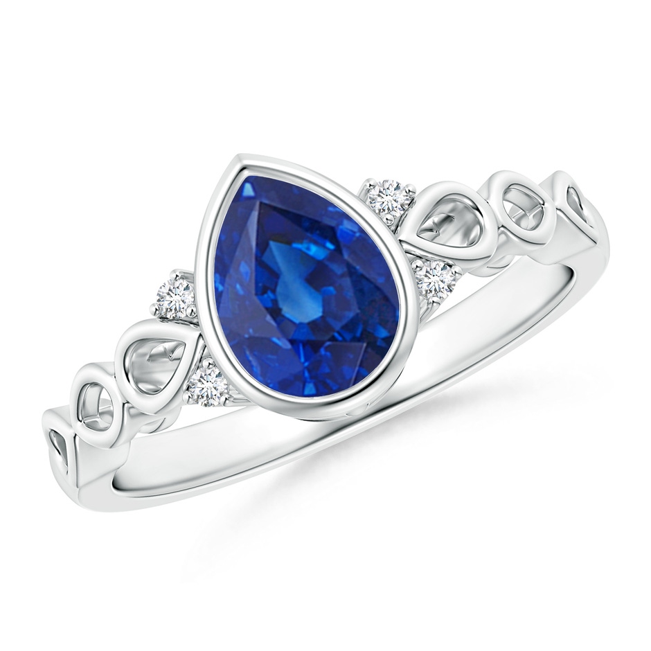 8x6mm AAA Bezel Set Vintage Pear Sapphire Ring with Diamond Accents in 9K White Gold 