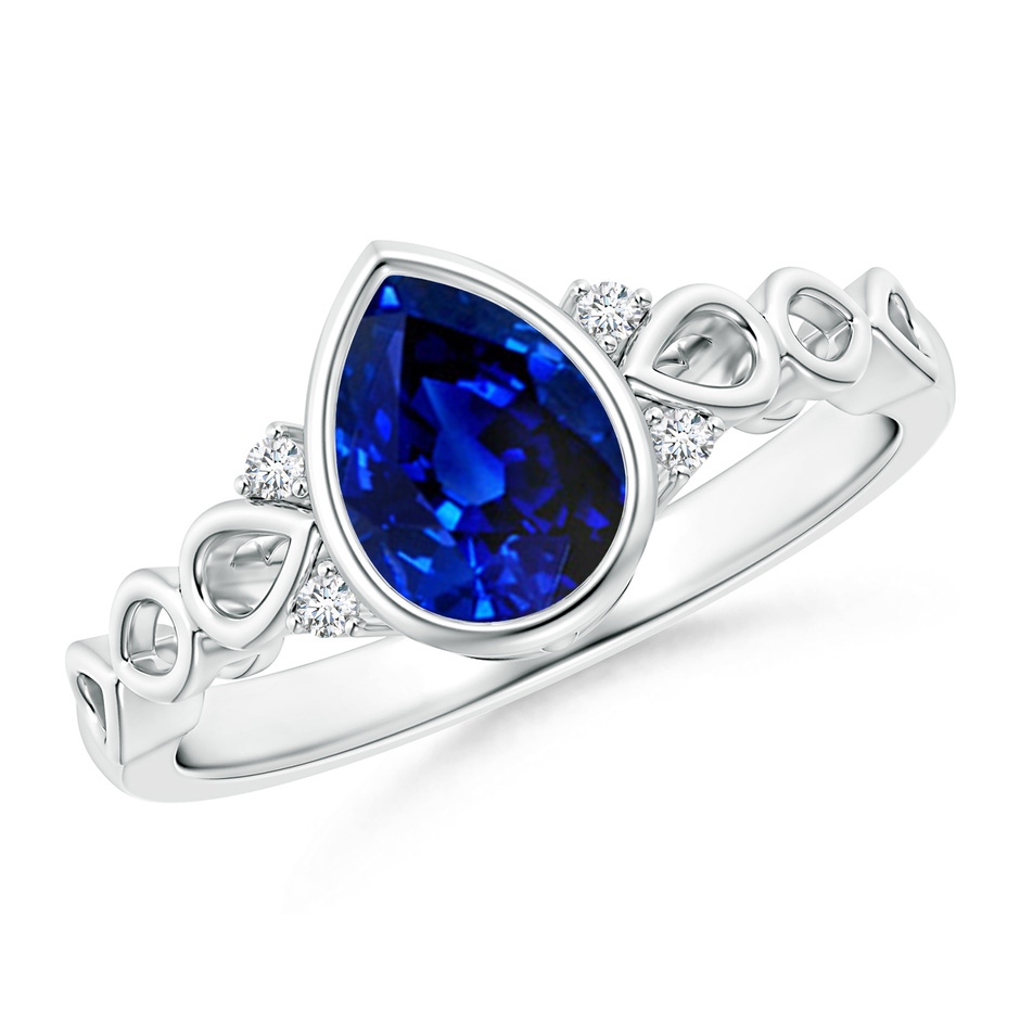 8x6mm Lab-Grown Bezel Set Vintage Pear Sapphire Ring with Diamond Accents in P950 Platinum 